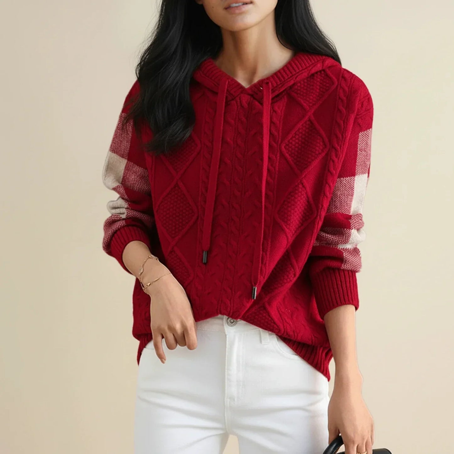 Pull À Capuche En Maille Câblée Pour Femme D'Hiver Avec Détails Bloc De Couleur Et Cordon