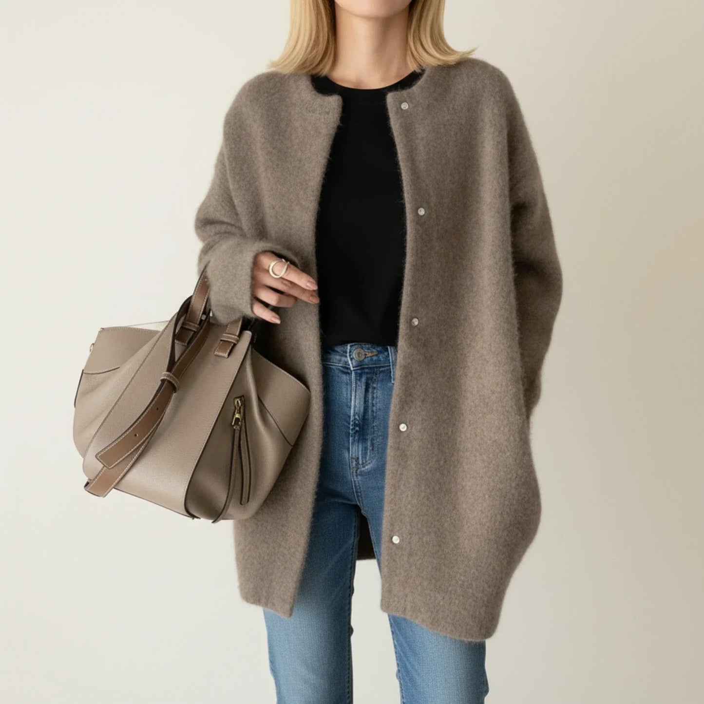 Cardigan Longline Femme Chaud Pour L'Hiver Ouvert Devant Sans Col Avec Fermeture Boutonnée Polyvalent