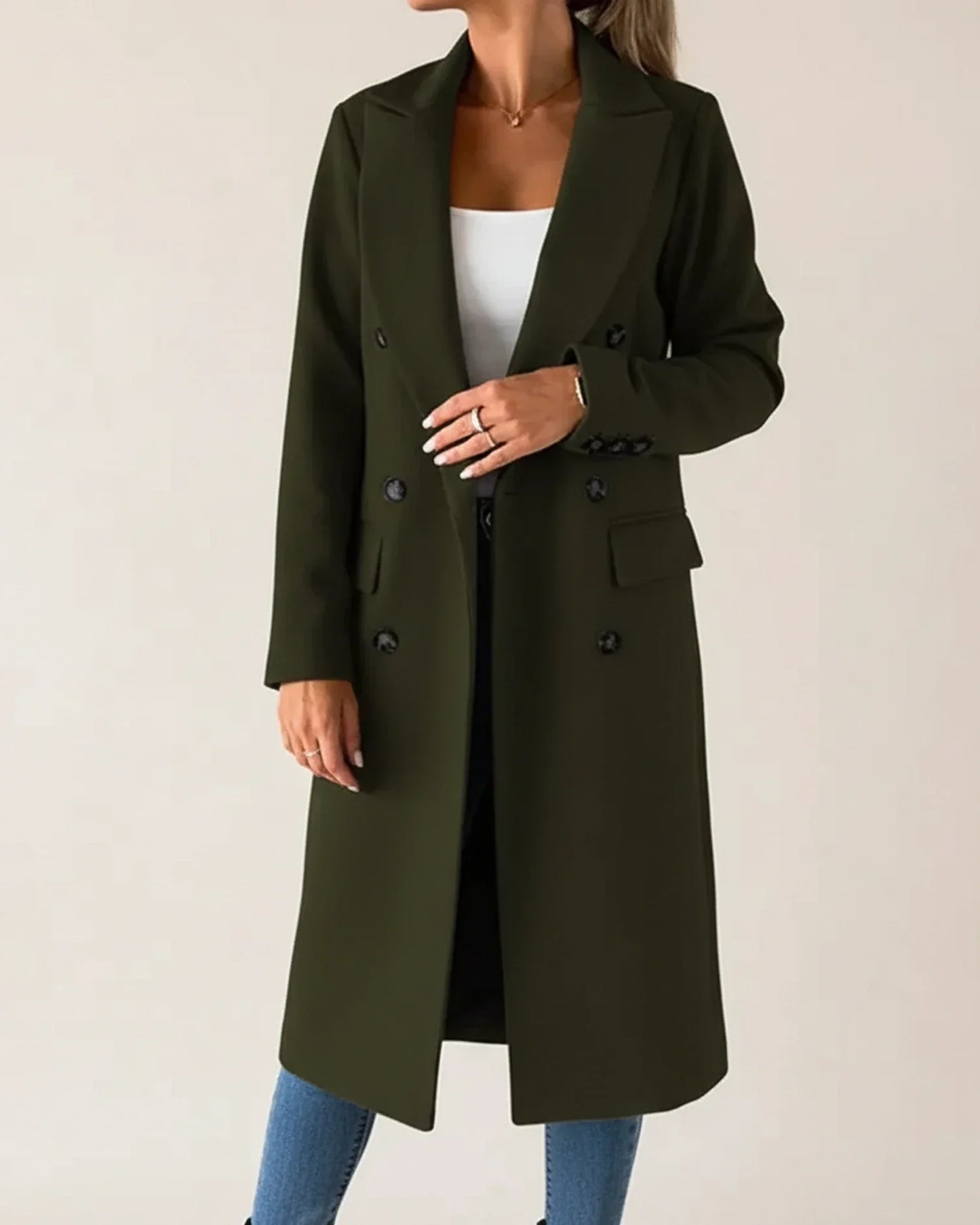 Manteau Trench Long Classique Élégant pour Femme à Double Boutonnage et Col Revers