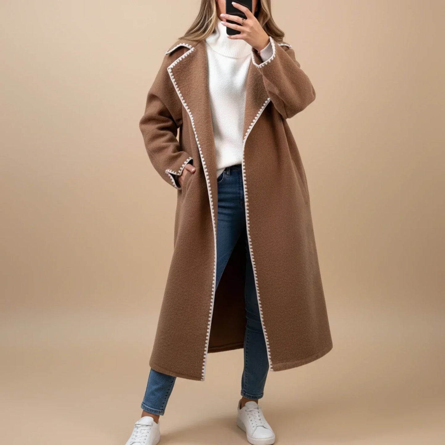 Manteau Longiligne Duster Pour Femme Ouvert Devant Avec Bordure Contrastée Et Coupe Décontractée