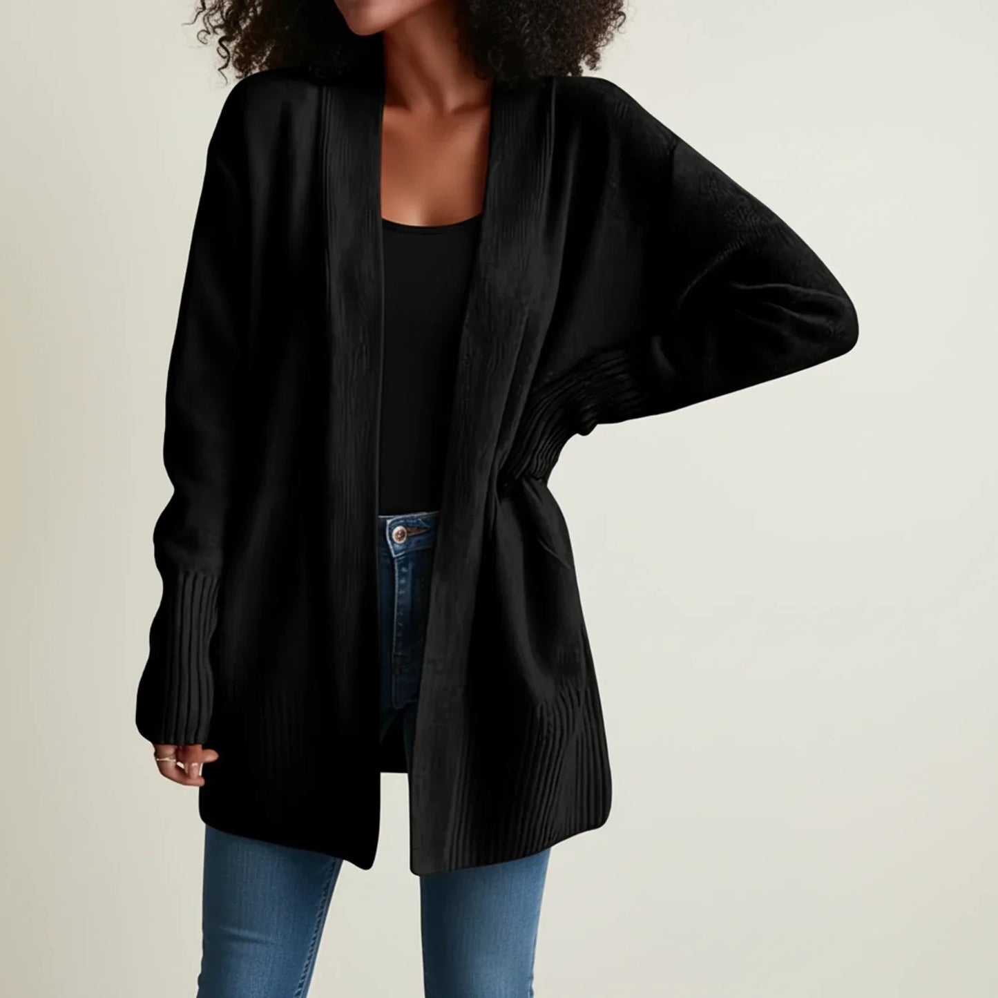Cardigan Femme Mi Long Ouvert Devant Avec Manches Longues Tricot Côtelé Décontracté Pour Superposition