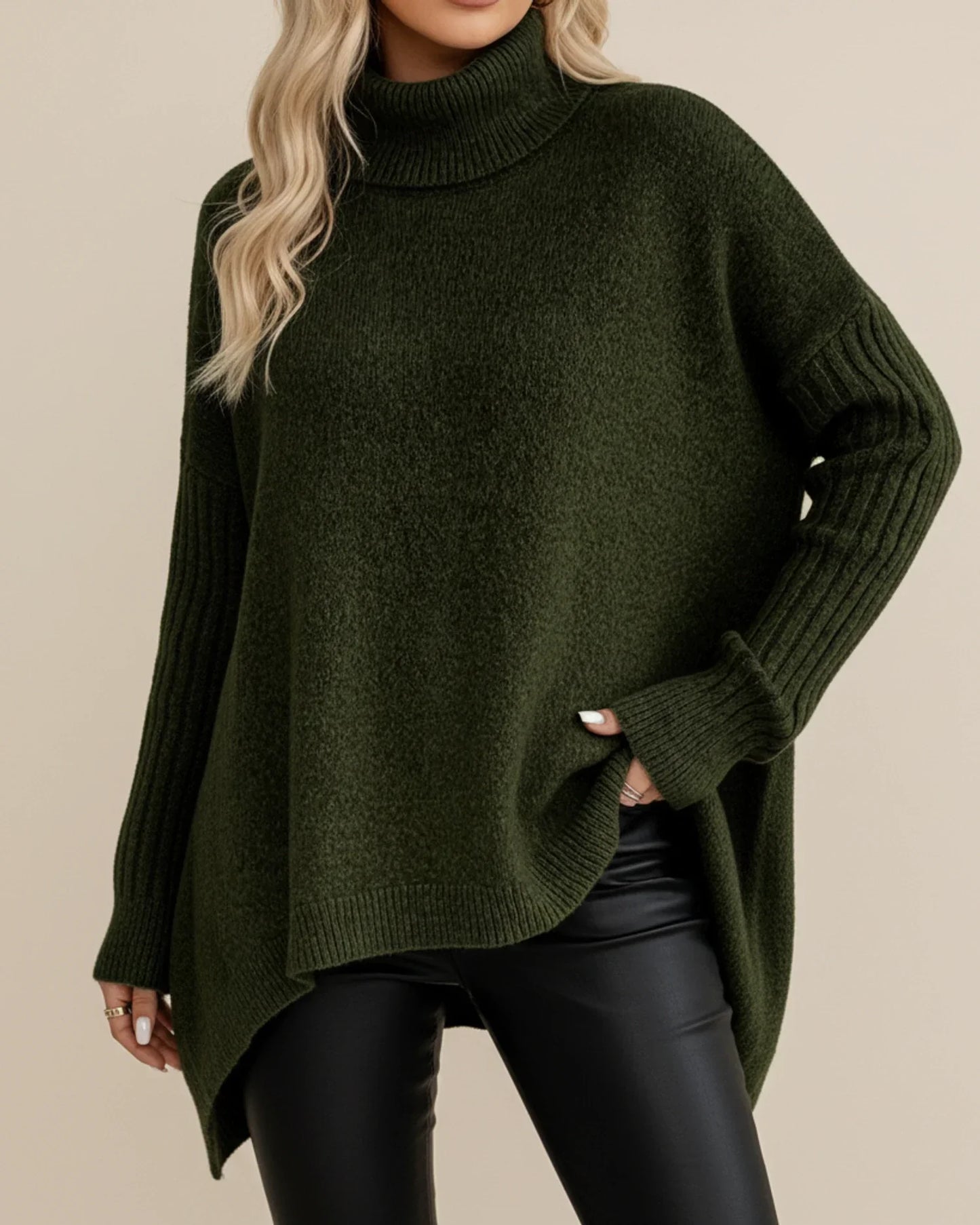 Pull Col Roulé Oversize Pour Femme Hivernal Avec Ourlet Asymétrique En Maille Côtelée
