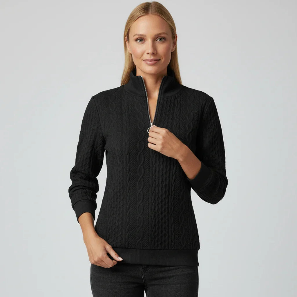 Pull Femme À Demi Zip Texturé Avec Bord Côtelé Pour Un Look Décontracté Et Confortable Au Quotidien