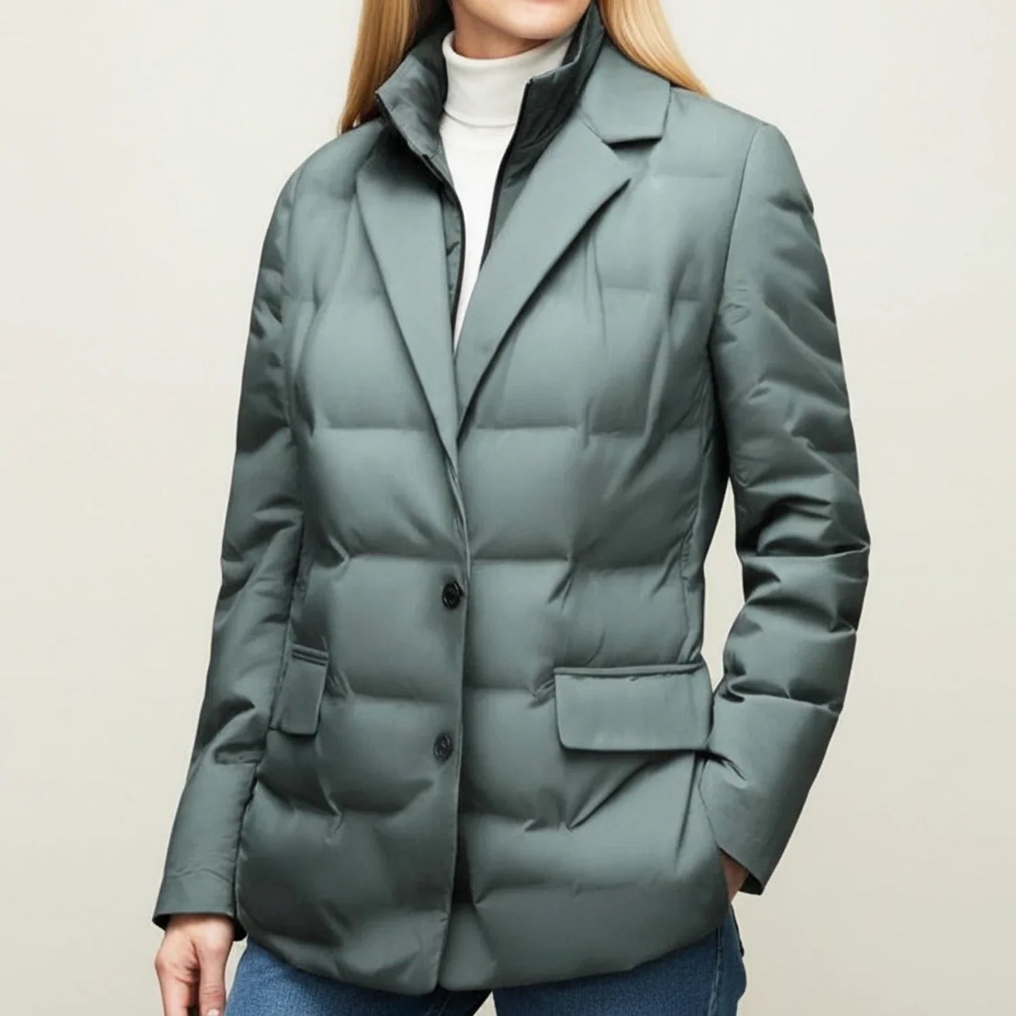 Veste Puffer Doudoune Hivernale Style Blazer Femme Revers Cranté Boutons Deux Poches Pratiques