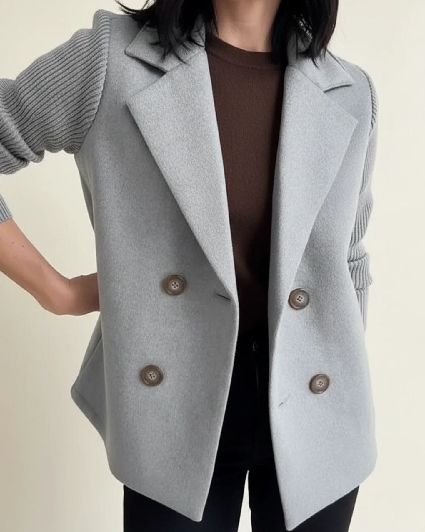 Blazer Femme À Double Boutonnage En Maille Avec Manches Contrastées Coupe Décontractée Et Polyvalente