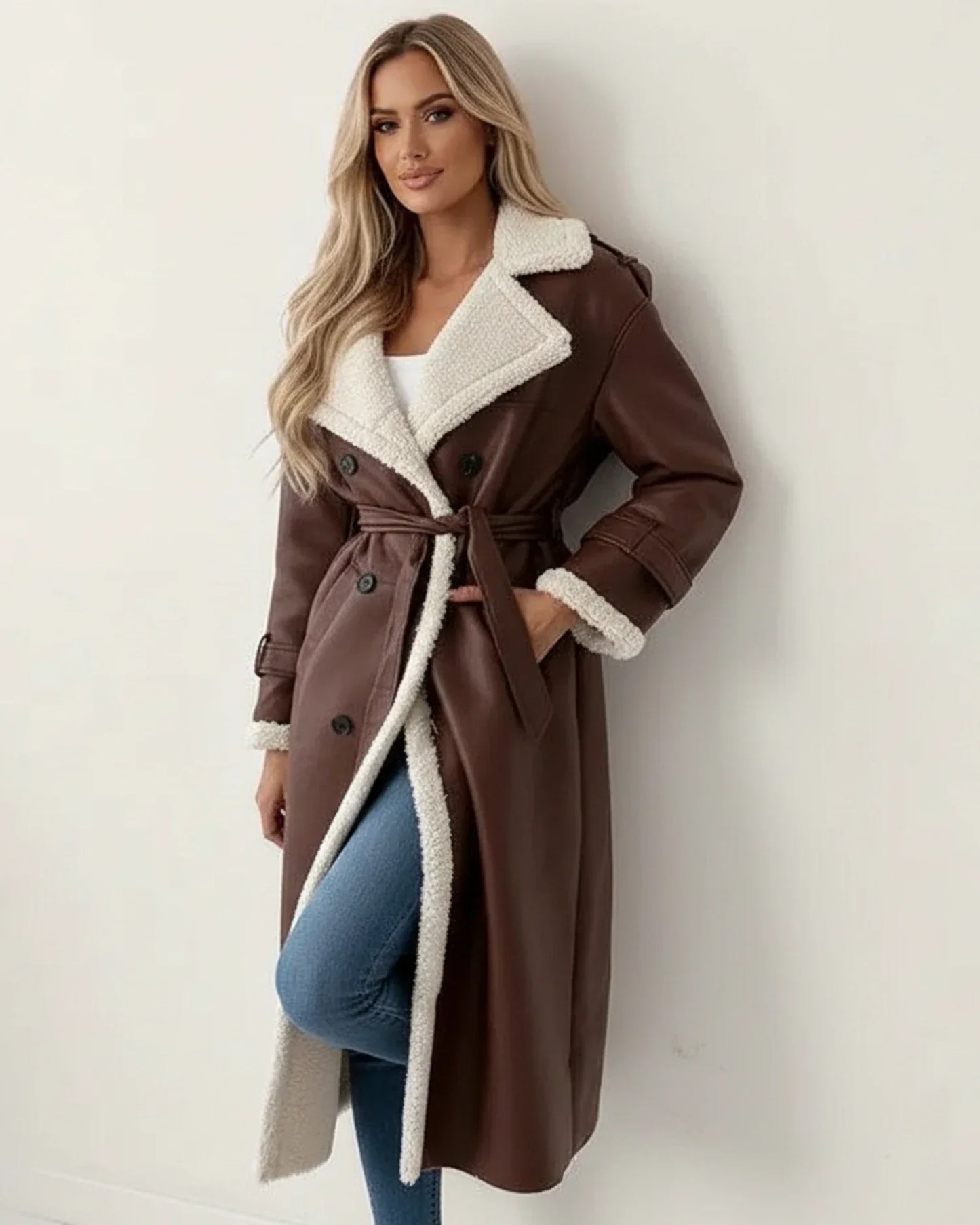 Manteau Long Sherpa Pour Femme À Double Boutonnage Avec Ceinture Confortable Et Manches Longues Idéal Pour L'Hiver
