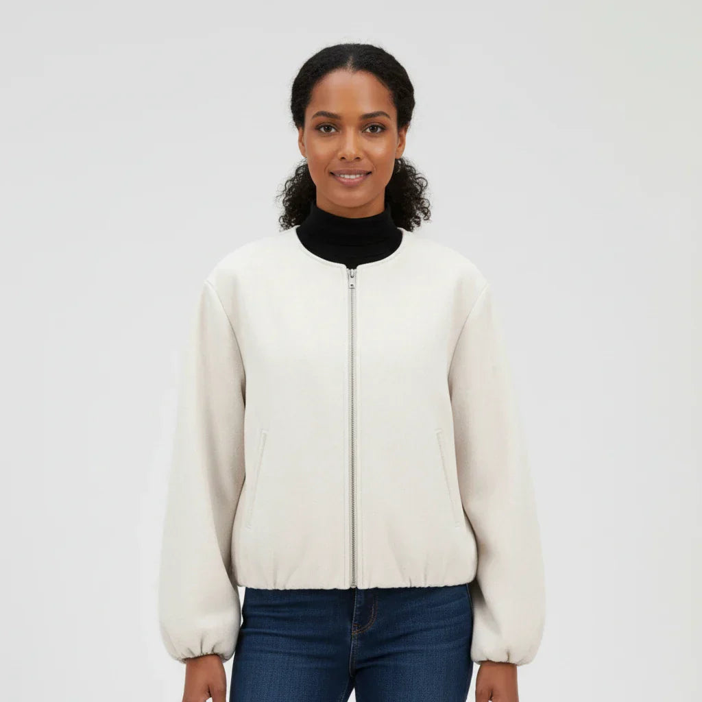 Veste Bomber Zippée Courte Pour Femme À Manches Ballon Sans Col Idéale Pour Superposer