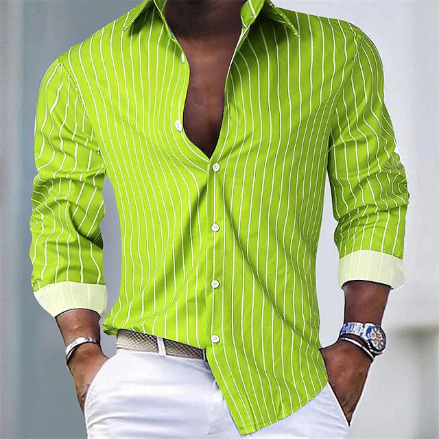 Chemise Homme À Rayures Slim Fit Amawinc Col Classique Boutons Frontaux Poignets Contrastés Pour Bureau Et Loisirs
