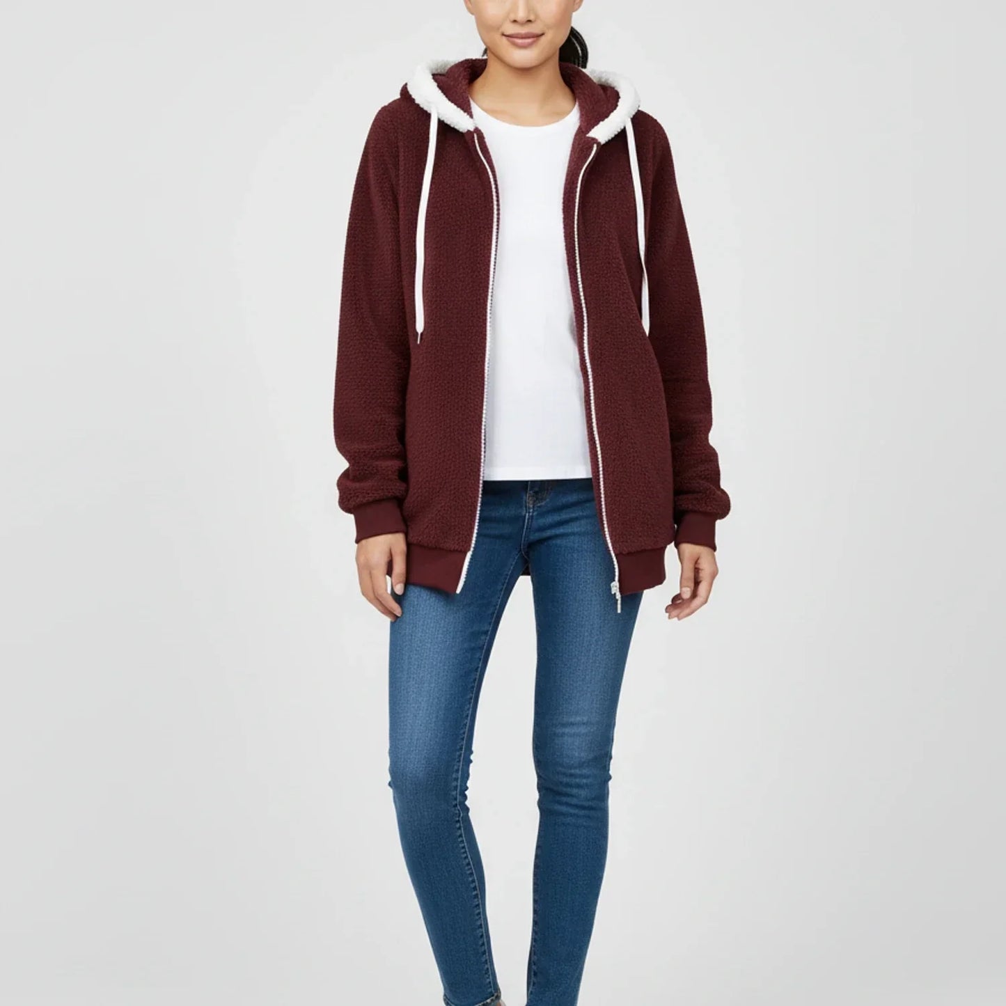 Pull À Capuche Zippé Pour Femme Doublé Sherpa Mi Long Pour Automne Hiver Confort