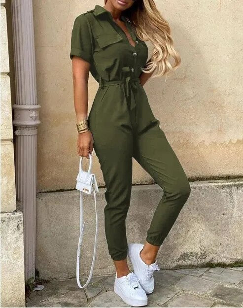 Combinaison Femme Style Utilitaire Bouton Fermeture Ceinture Taille Manches Courtes Pour Printemps Et Été