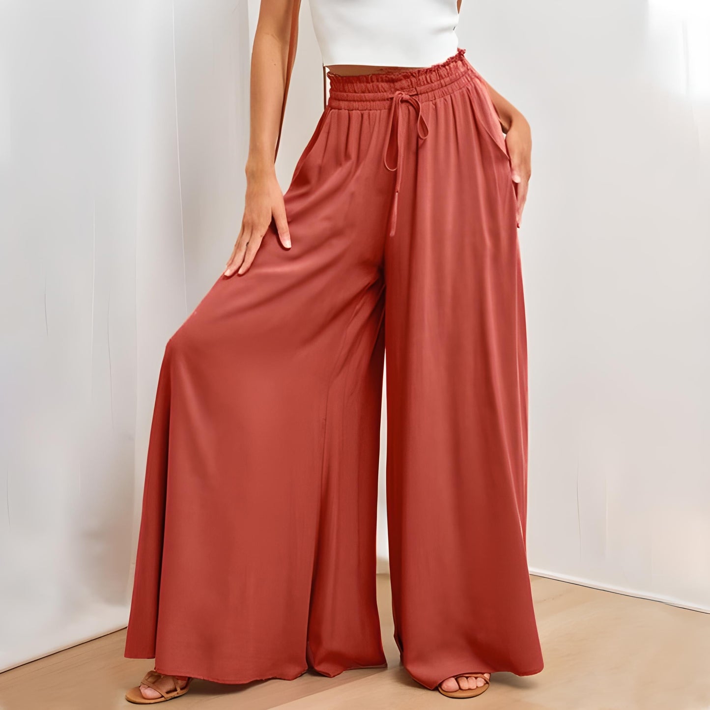 Adeline Pantalon Évasé Printemps À Taille Haute Avec Cordon Confort Léger Pour Voyage Quotidien