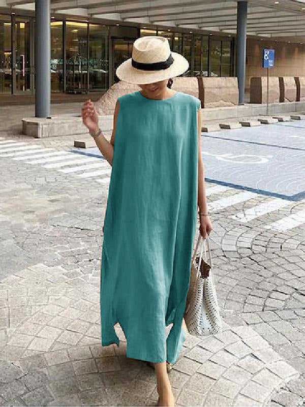Robe Bohème En Lin Et Coton Col Rond Avec Fente Latérale Taille Unique Femme Été Respirante Amawinc