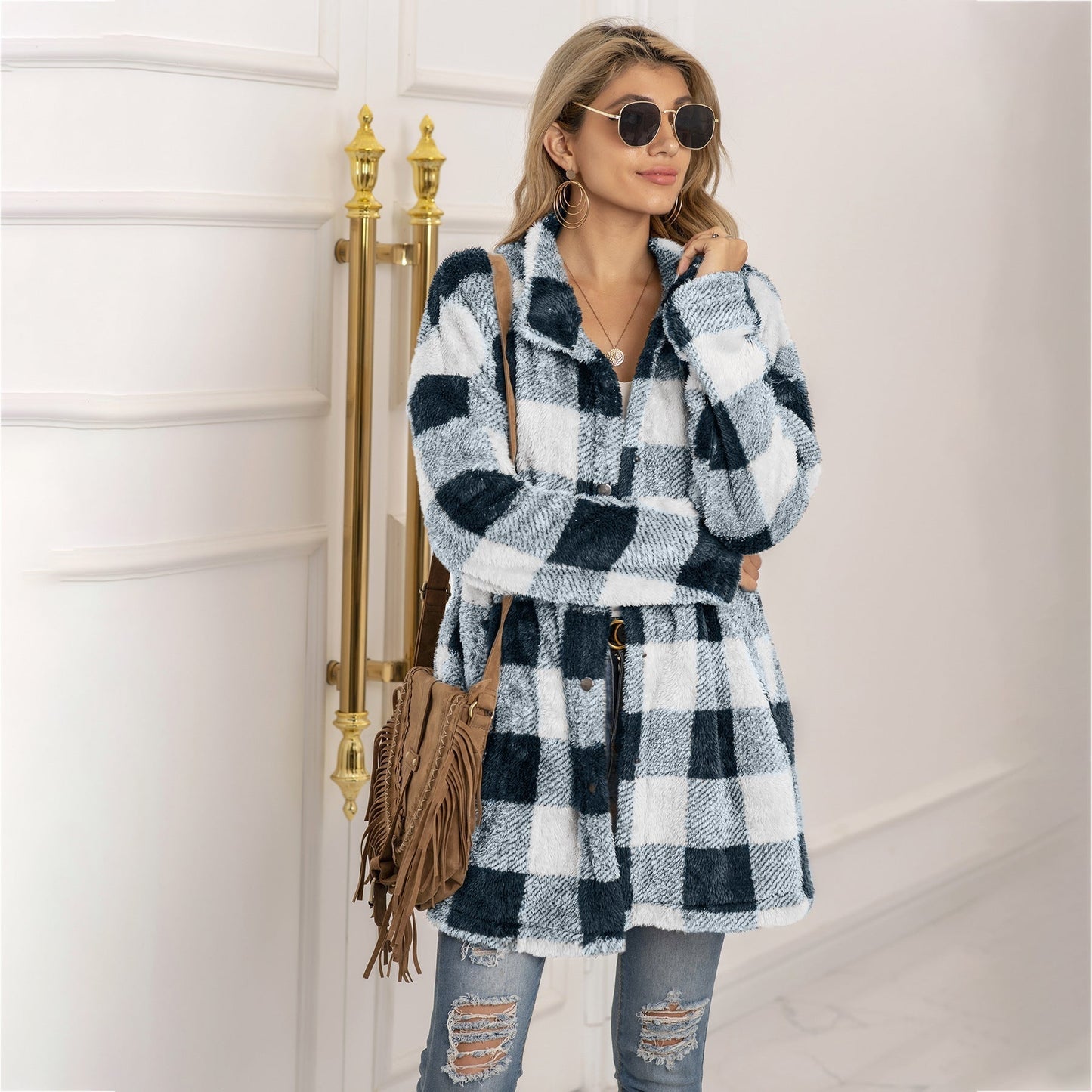 Veste Longue Polaire À Carreaux Colorblock Pour Femme Chaude Confortable Et Élégante Hiver Essentielle