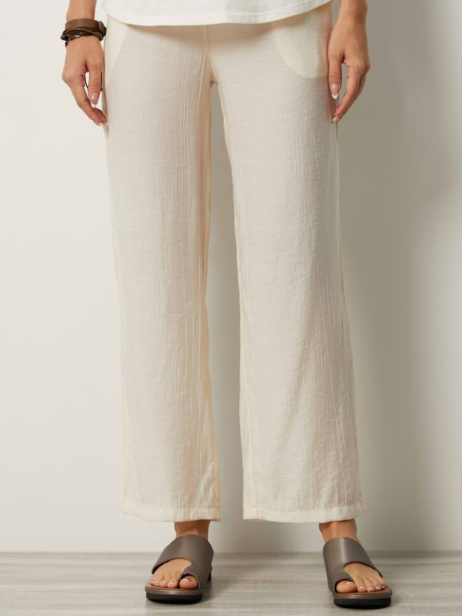 Pantalon Femme Décontracté À Taille Élastique Texture Crinklée Poches Latérales Léger Et Moderne