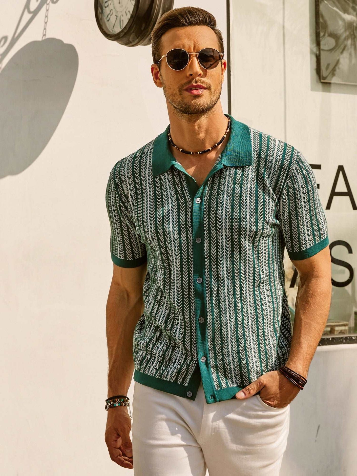 Polo Homme Slim Fit À Rayures Retro Bouton De Fermeture En Maille Coton Respirante À Manches Courtes