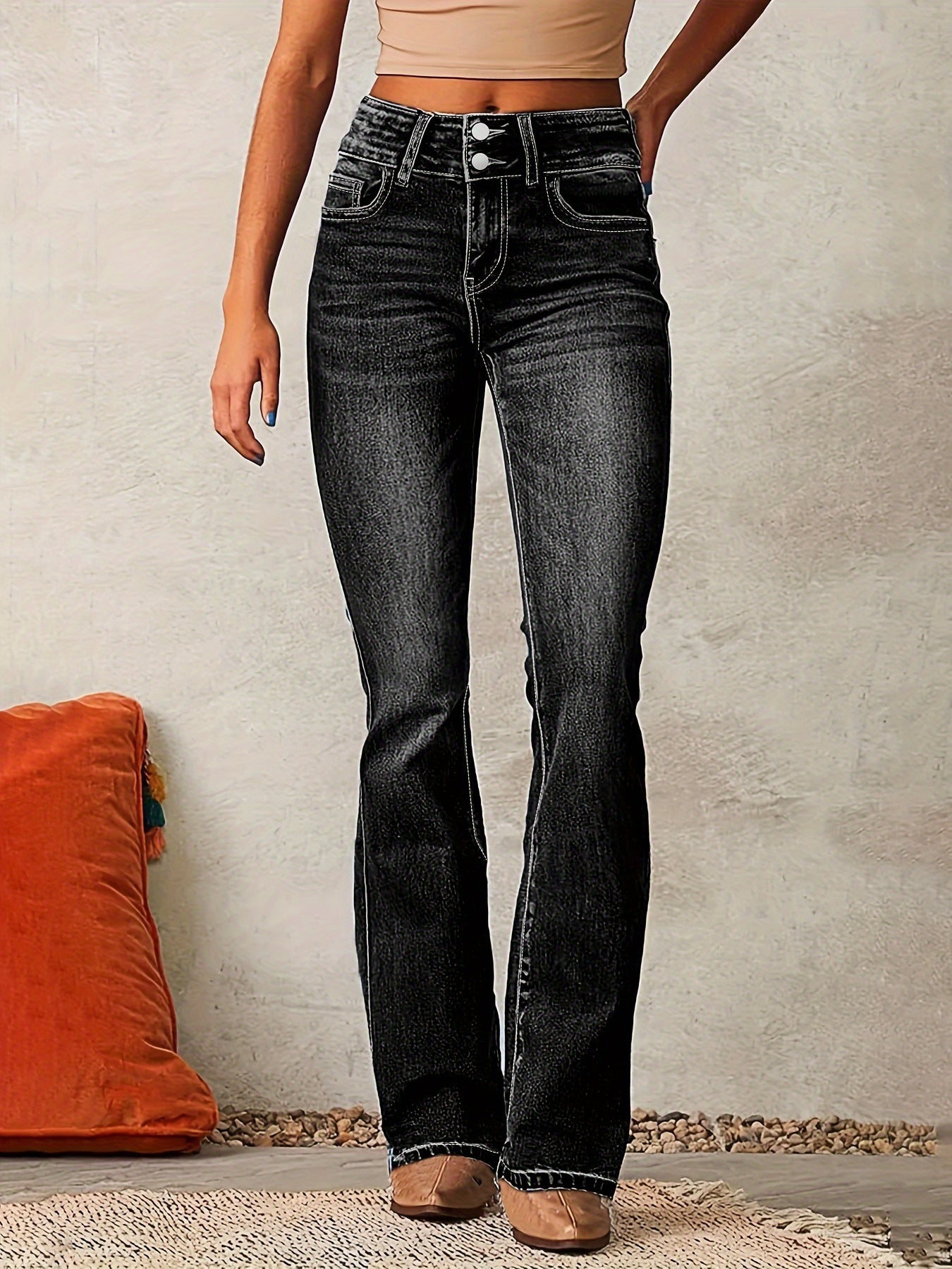 Ella Pantalon Denim Hiver Pour Femme Taille Haute À Jambe Évasée Bootcut Confort Élégance Quotidienne