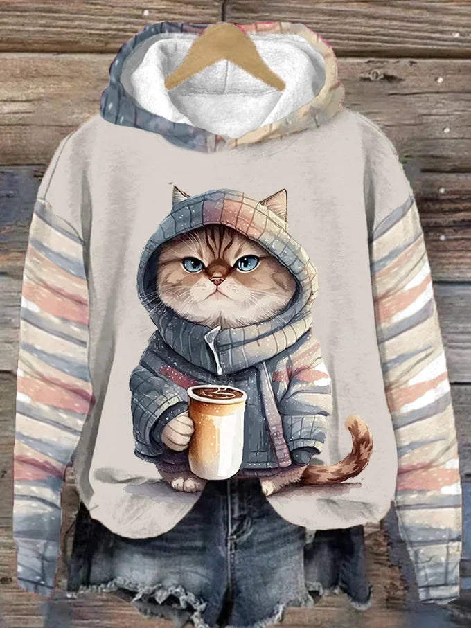 Damenpullover mit Katzen- und Kaffeemotiv