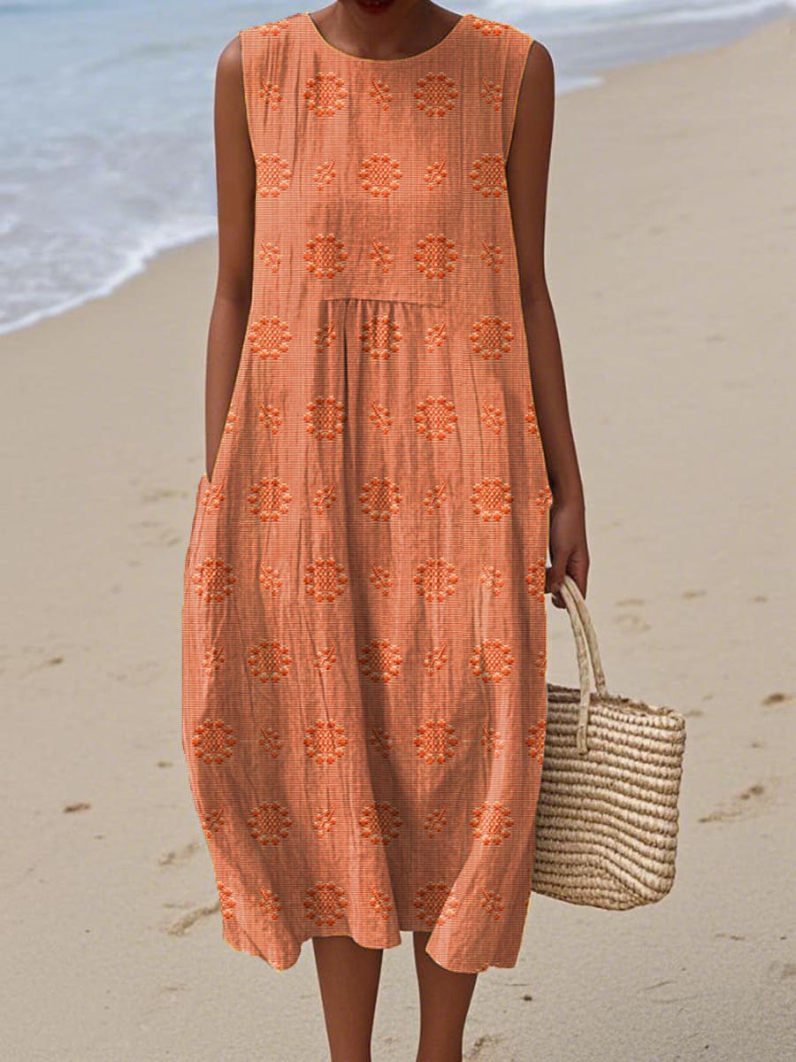 Robe Midi Texturée Olivia Sans Manches Avec Motifs Circulaires Subtils Pour Jours Ensoleillés Et Weekends