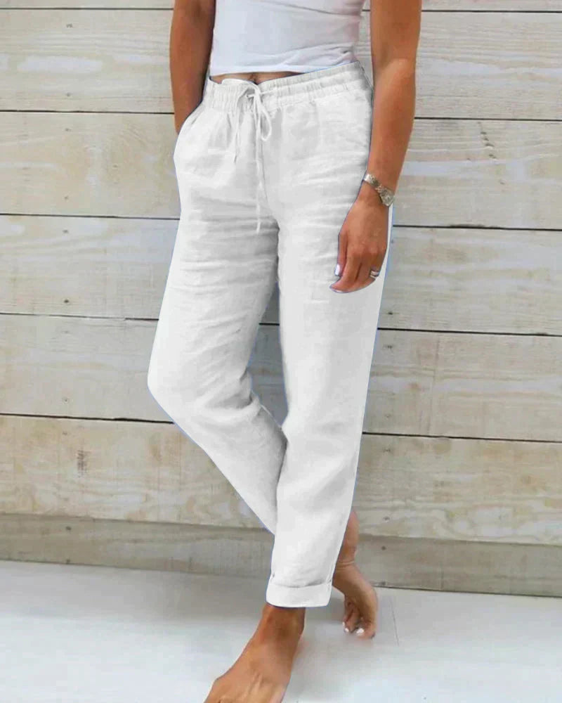 Pantalon Femme Mélange Lin Léger Confort Décontracté Taille Élastique Avec Cordon Longueur Cheville Nordic Flair