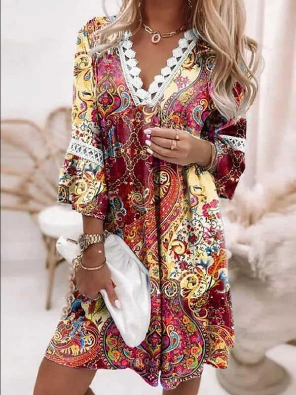 Blumenmuster-Tunika mit Spitze - Bohemian Damenkleid