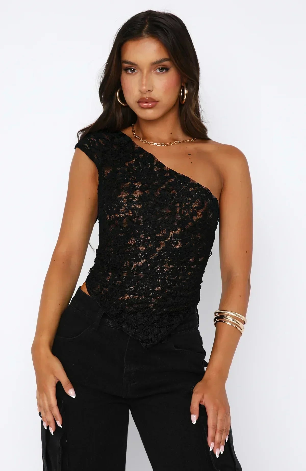 Amawinc Top Dentelle À Une Épaule Pour Femme Ajusté Avec Ourlet Asymétrique Et Coupe Courte