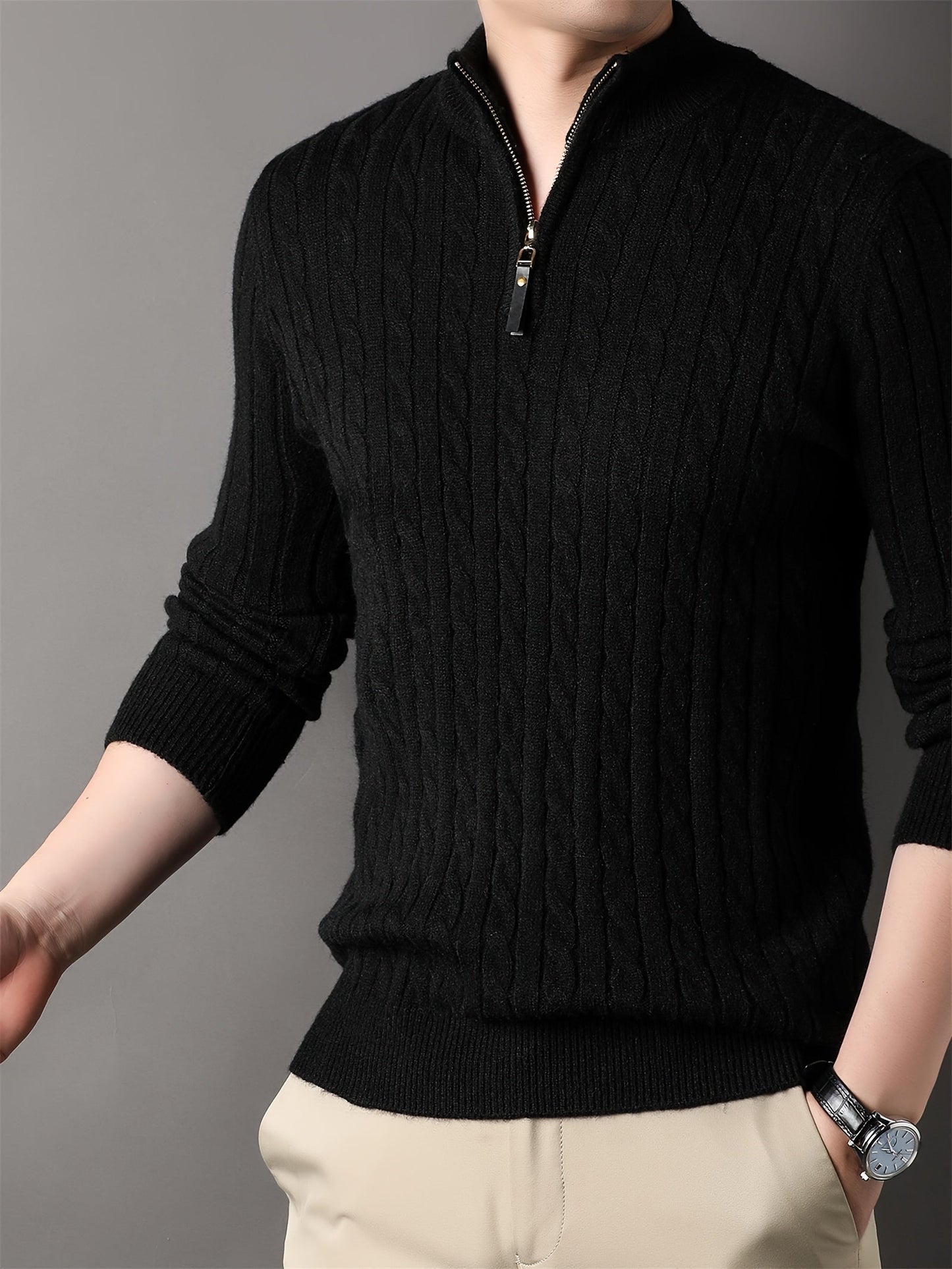 Pull Amawinc Pour Homme Tricot Câblé À Motif Côtes Demi Zip Confort Hivernal Quotidien Durable