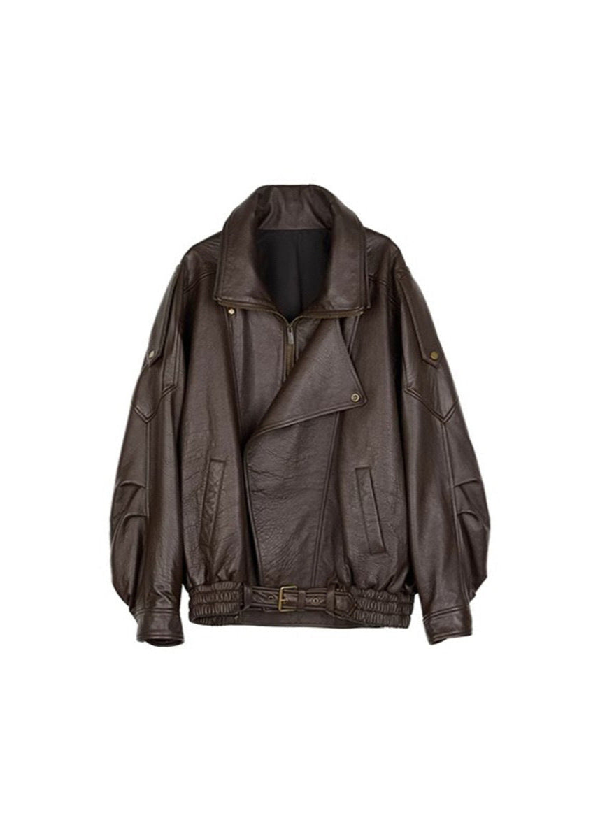 Veste Bomber Oversize En Cuir Pour Femme Avec Ceinture Confortable Silhouette Moderne Amawinc