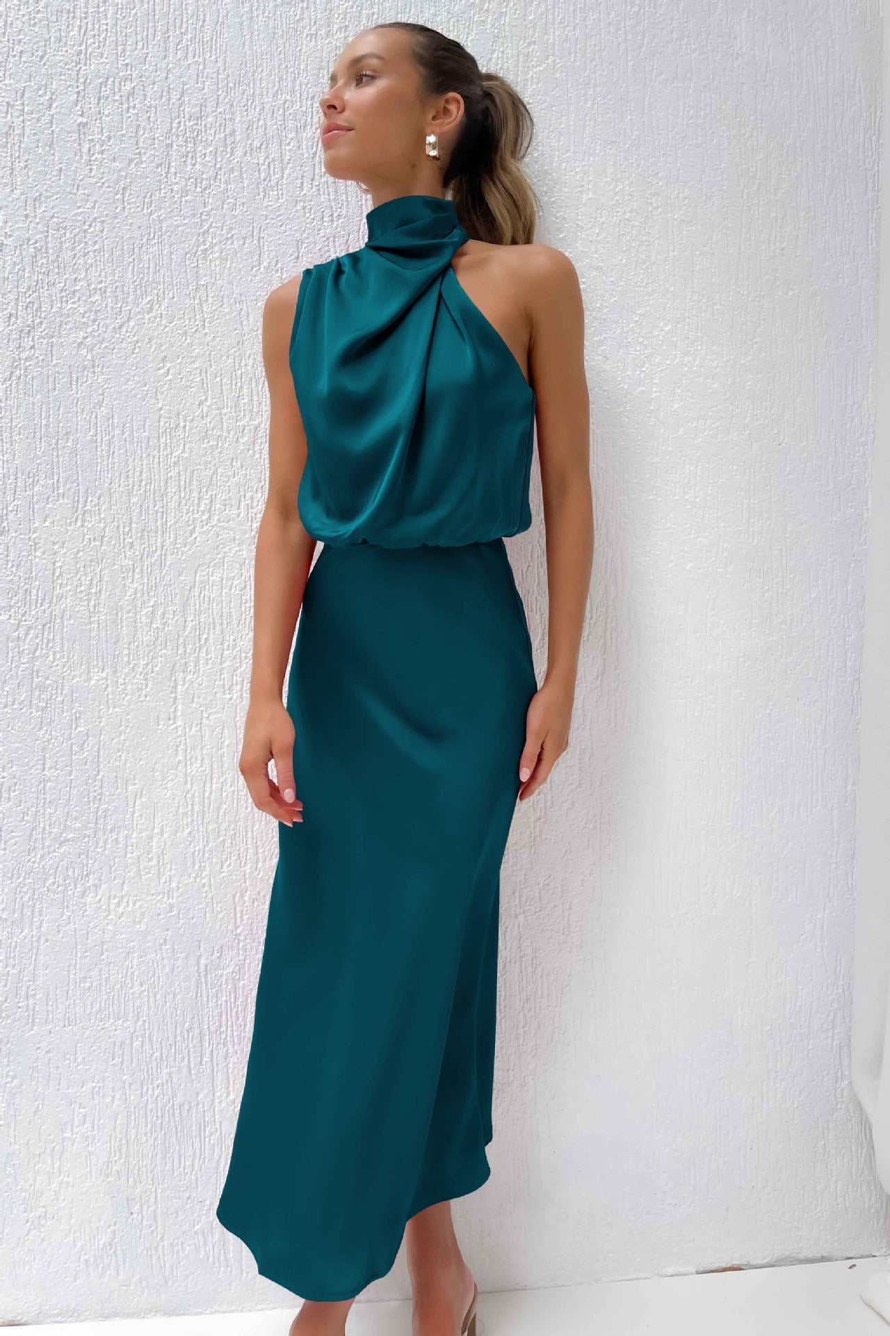 Amawinc Robe Satin Maxi Diane Pour Mariage Fête Soirée Romantique Printemps Été Élégante