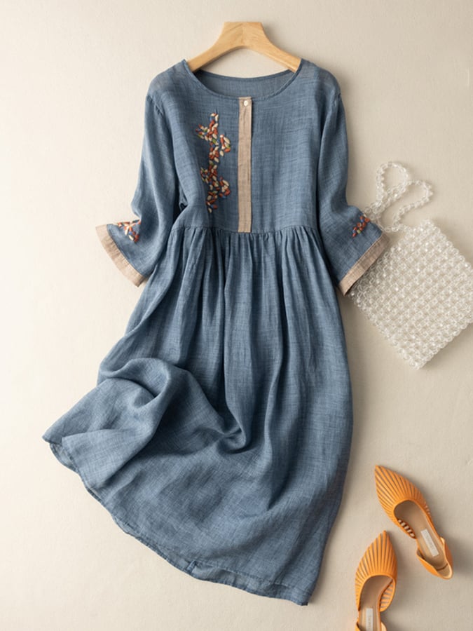 Robe Femme En Coton Et Lin Brodée Coupe Décontractée Fermeture Par Boutons Manches Trois Quarts