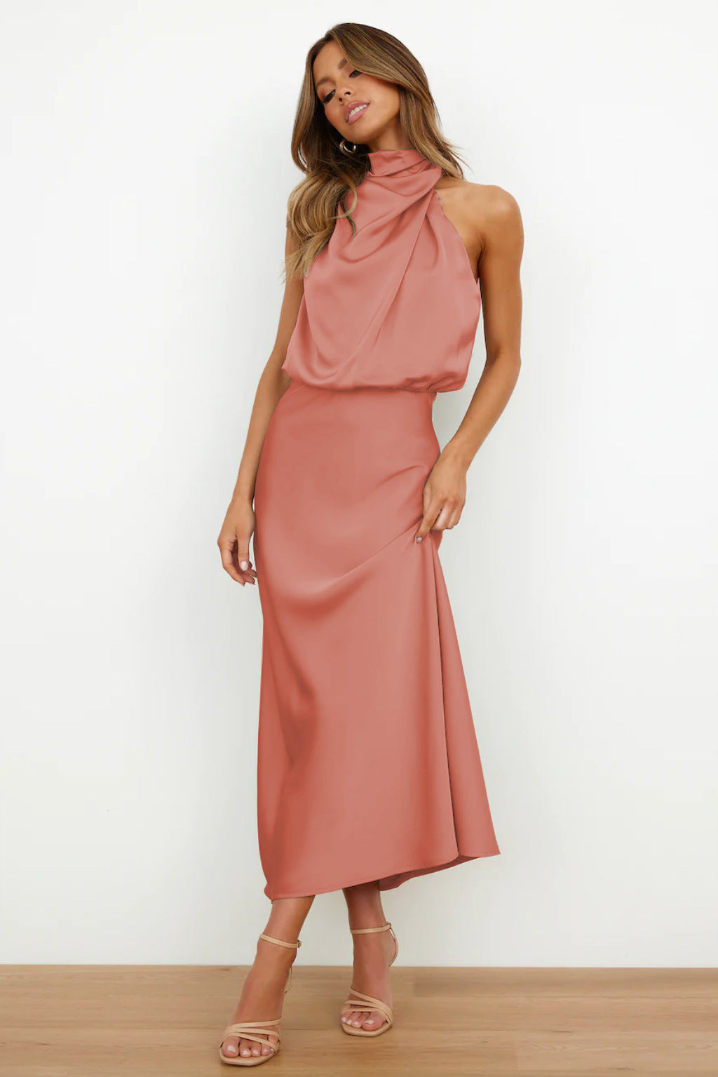 Amawinc Robe Satin Maxi Diane Pour Mariage Fête Soirée Romantique Printemps Été Élégante