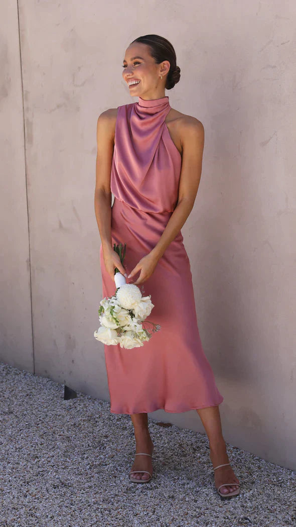 Damen-Midikleid aus Satin mit gerafftem Saum im klassischen Stil