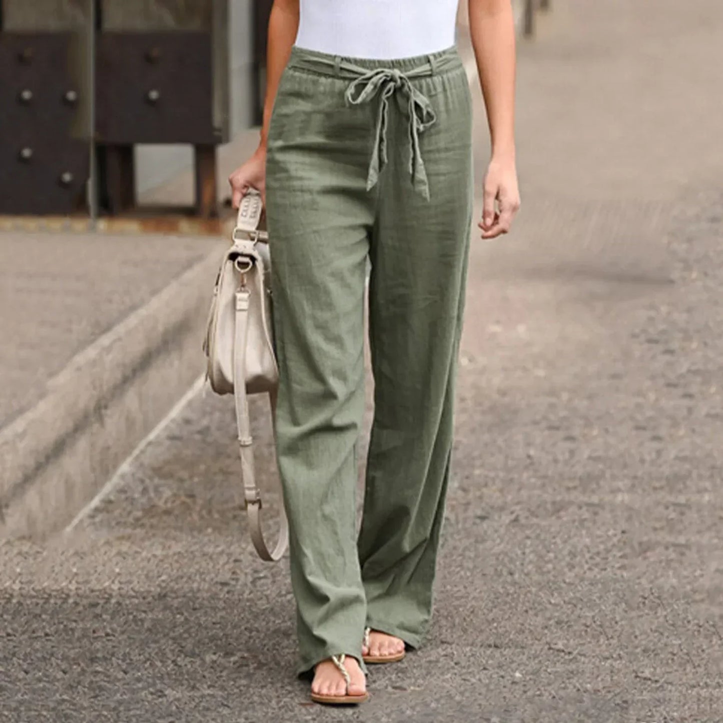 Pantalon Femme Jambe Large Taille Haute en Lin Mélangé Ceinture Nœud Longueur Totale