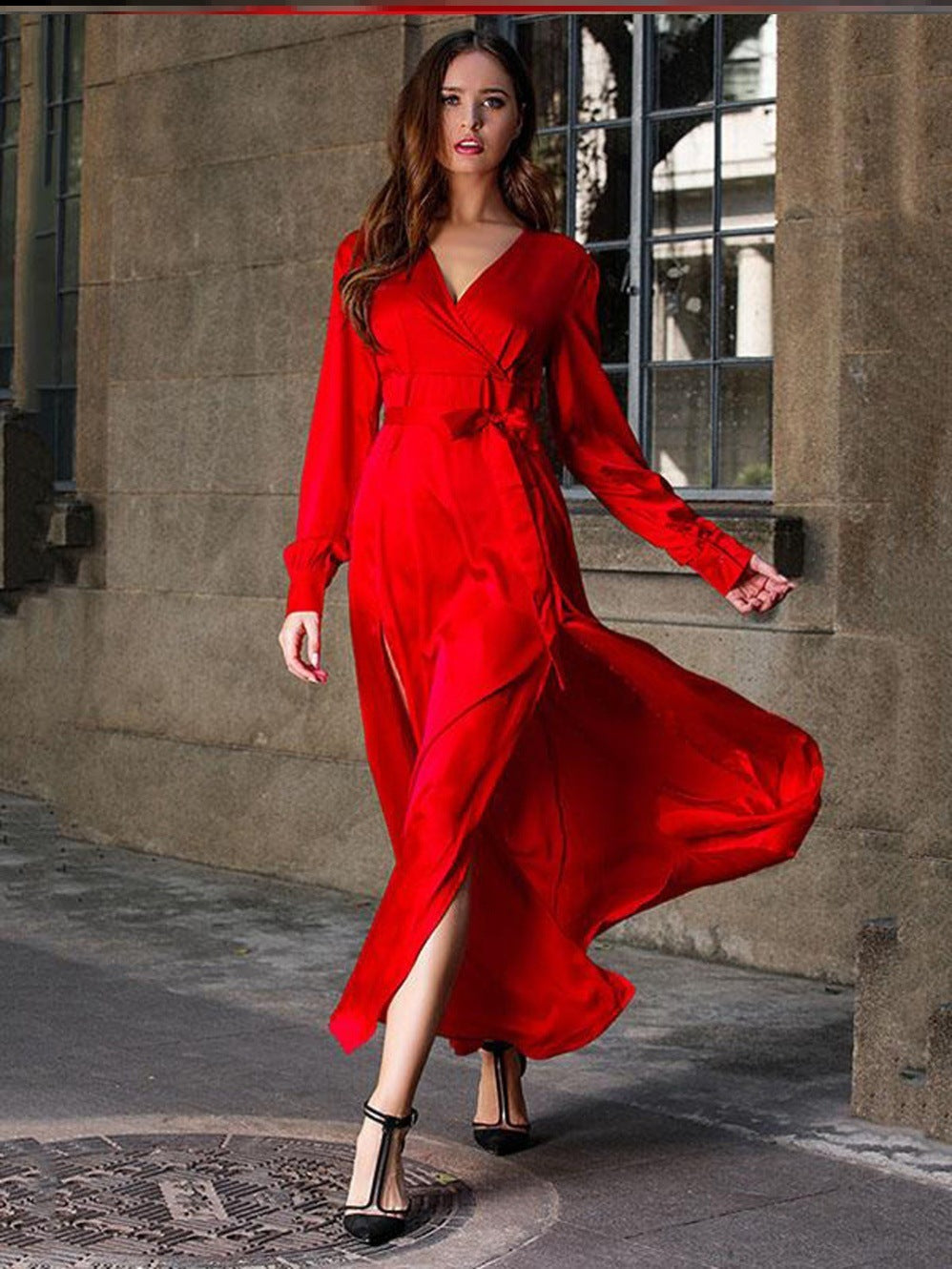 Robe Maxi Femme Amawinc Dame Encolure En V Effet Wrap Manches Longues Avec Fente Élevée Coupe Élégante