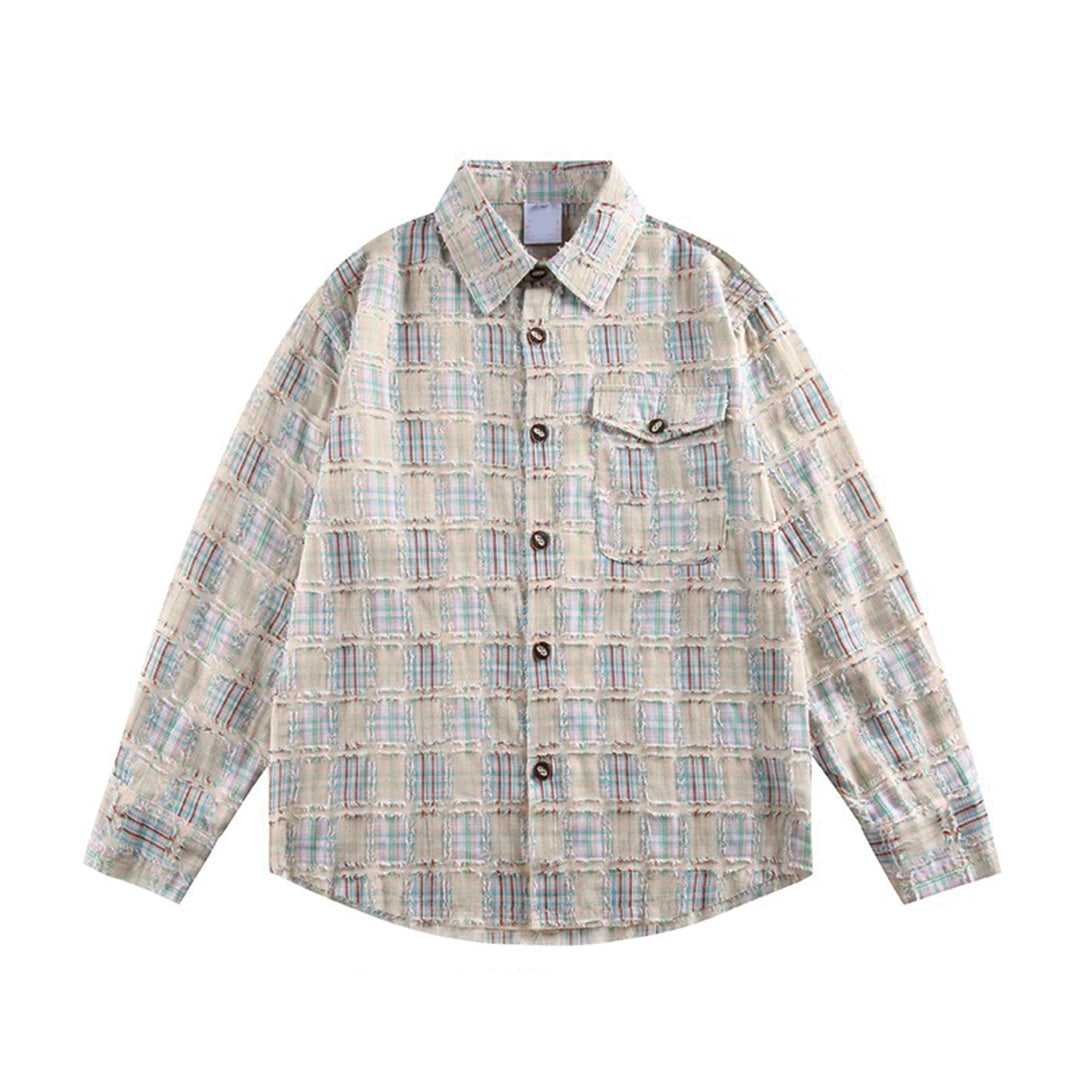 Chemise À Carreaux Pour Homme En Coton, Coupe Décontractée, Col Revers, Tissu Texturé
