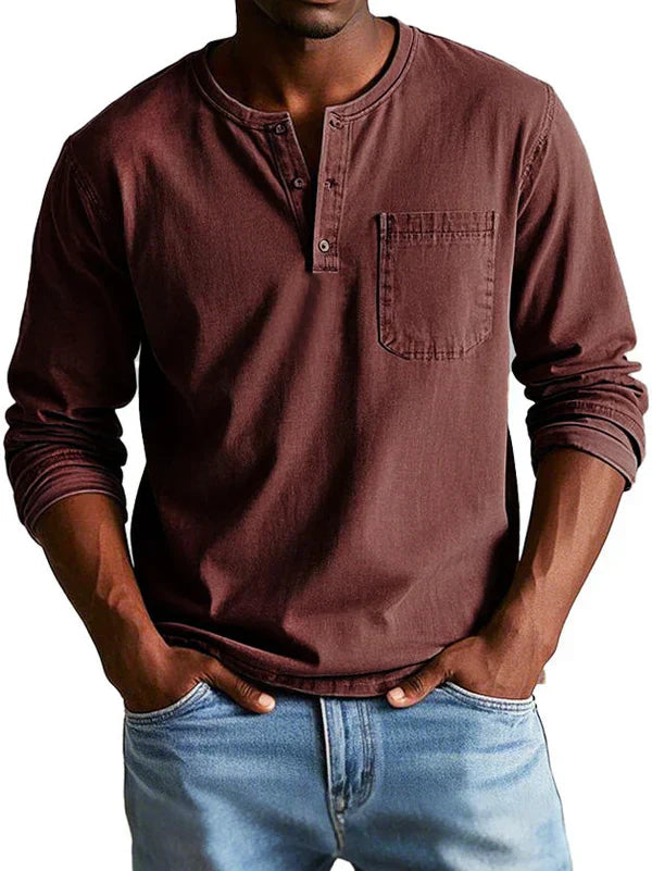 Chemise Henley Décontractée À Manches Longues Pour Homme Amawinc Indigo Classique Confort Quotidien