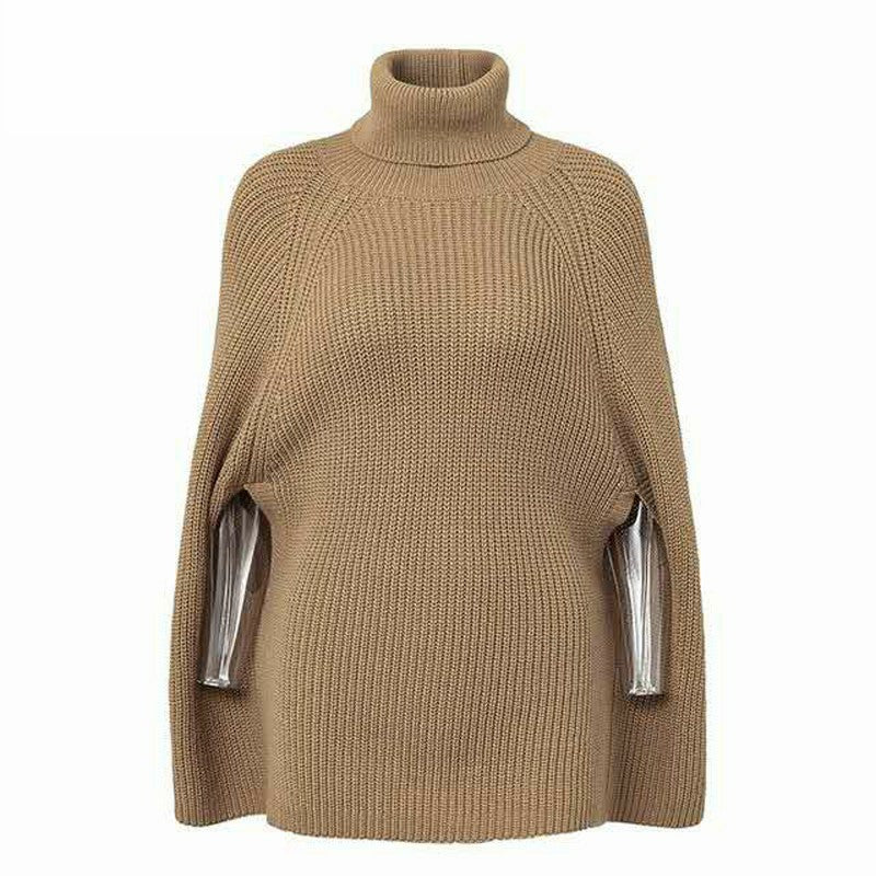 Damen modischer Strickpullover mit hochstehendem Kragen und exklusivem Häkelmuster Amawinc