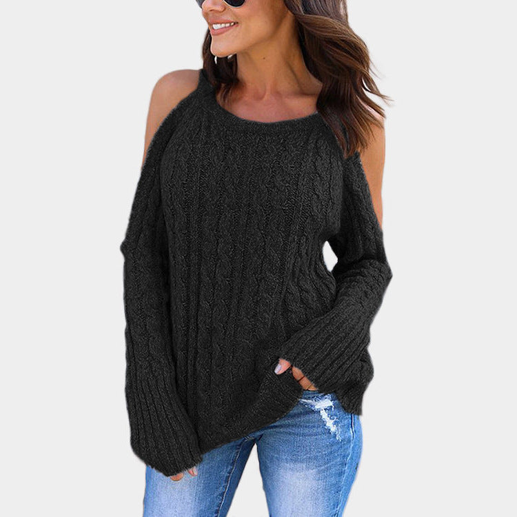 Damen Strickpullover mit Off-Shoulder Design und hohem Kragen Amawinc