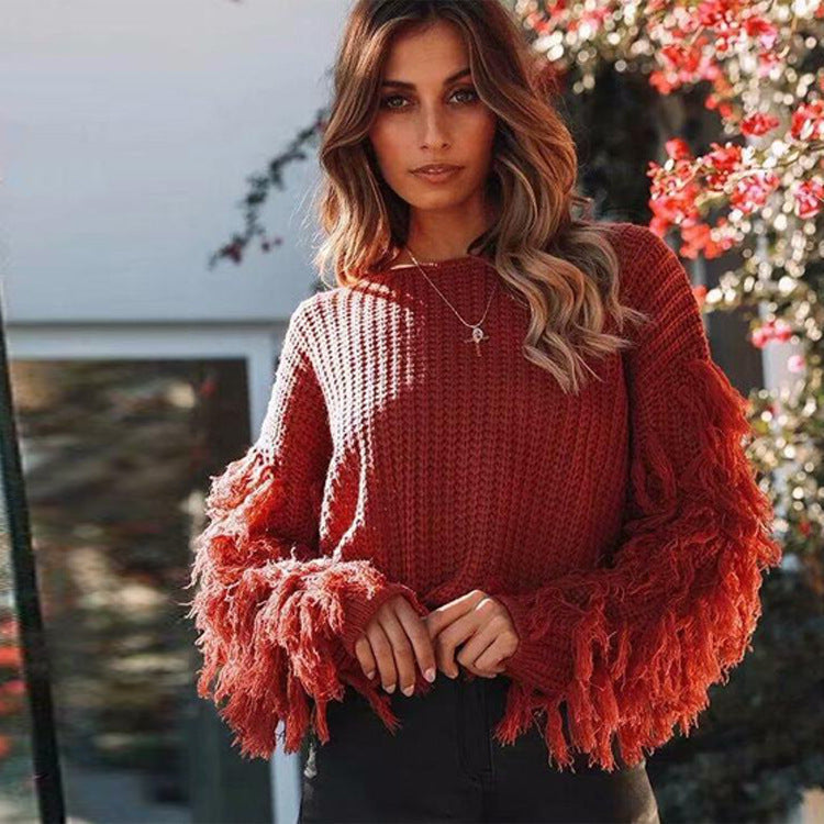 Sweatshirt Femme Tricot Épais Avec Texture Côtelée Manches Frange Coupe Décontractée Nordisk Flair