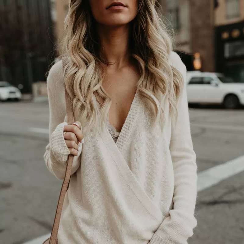 Pull Wrap Femme Maille Texturée Décolleté En V Profond Coupe Décontractée Manches Longues Confort Nordisk Flair