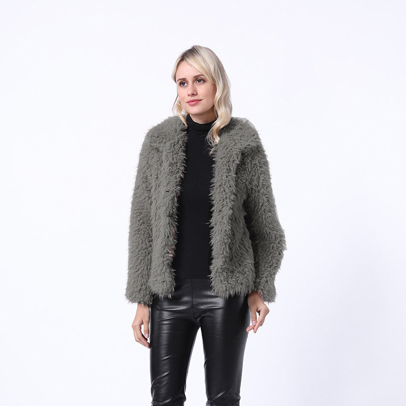 Damen Modischer Kunstpelzjacke mit elegantem Kragen und seitlichen Taschen Amawinc