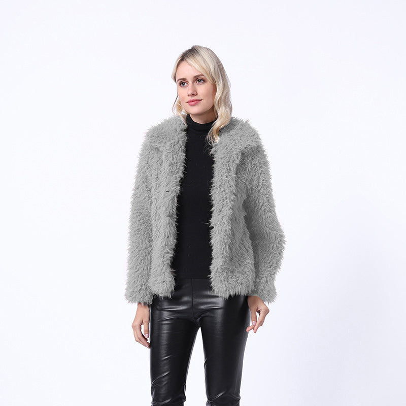 Damen Modischer Kunstpelzjacke mit elegantem Kragen und seitlichen Taschen Amawinc