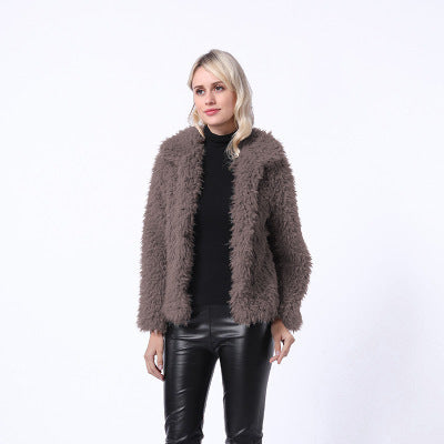 Damen Modischer Kunstpelzjacke mit elegantem Kragen und seitlichen Taschen Amawinc