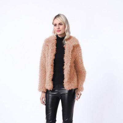 Damen Modischer Kunstpelzjacke mit elegantem Kragen und seitlichen Taschen Amawinc