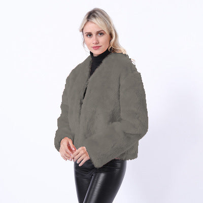 Damen Kurze Kunstpelzjacke mit modernem Schnitt und breit geschnittenen Ärmeln Amawinc