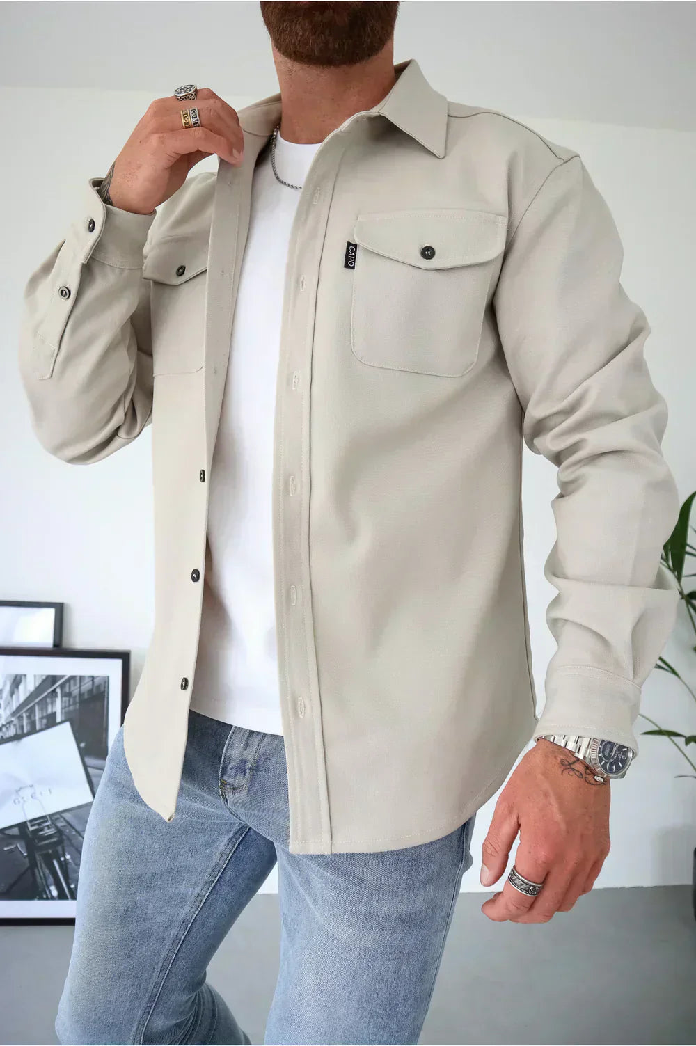 Chemise Overshirt Homme En Coton Mélangé, Coupe Décontractée, Manches Longues, Boutonnage Avant, Parfaite Pour Le Layering
