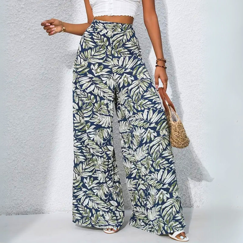Pantalon Tropical Taille Haute Oraya Imprimé Palmier Coton Doux Lavé Au Soleil Avec Poches Latérales