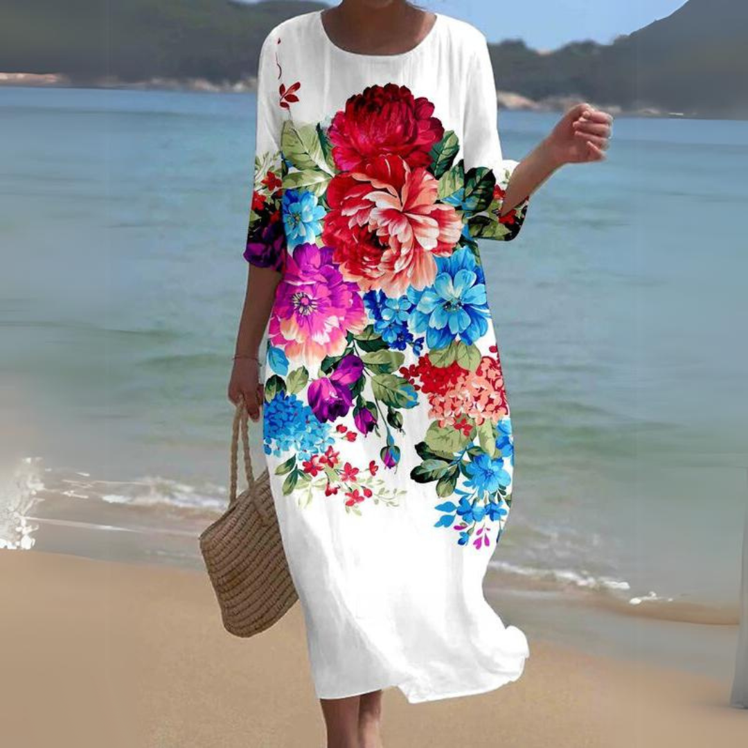 Robe Midi Florale Femme Légère Et Aérée Imprimé Floral Manches Trois Quarts Encolure Ronde Pour Été Confort