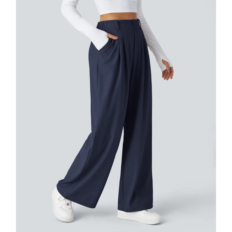 Nomi Pantalon Femme Taille Haute En Maille Gaufre Extensible Coupe Large Drapé Doux Confortable
