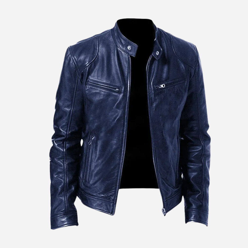 Veste Biker Homme en Cuir Véritable Slim Fit Col à Pressions et Fermeture Éclair