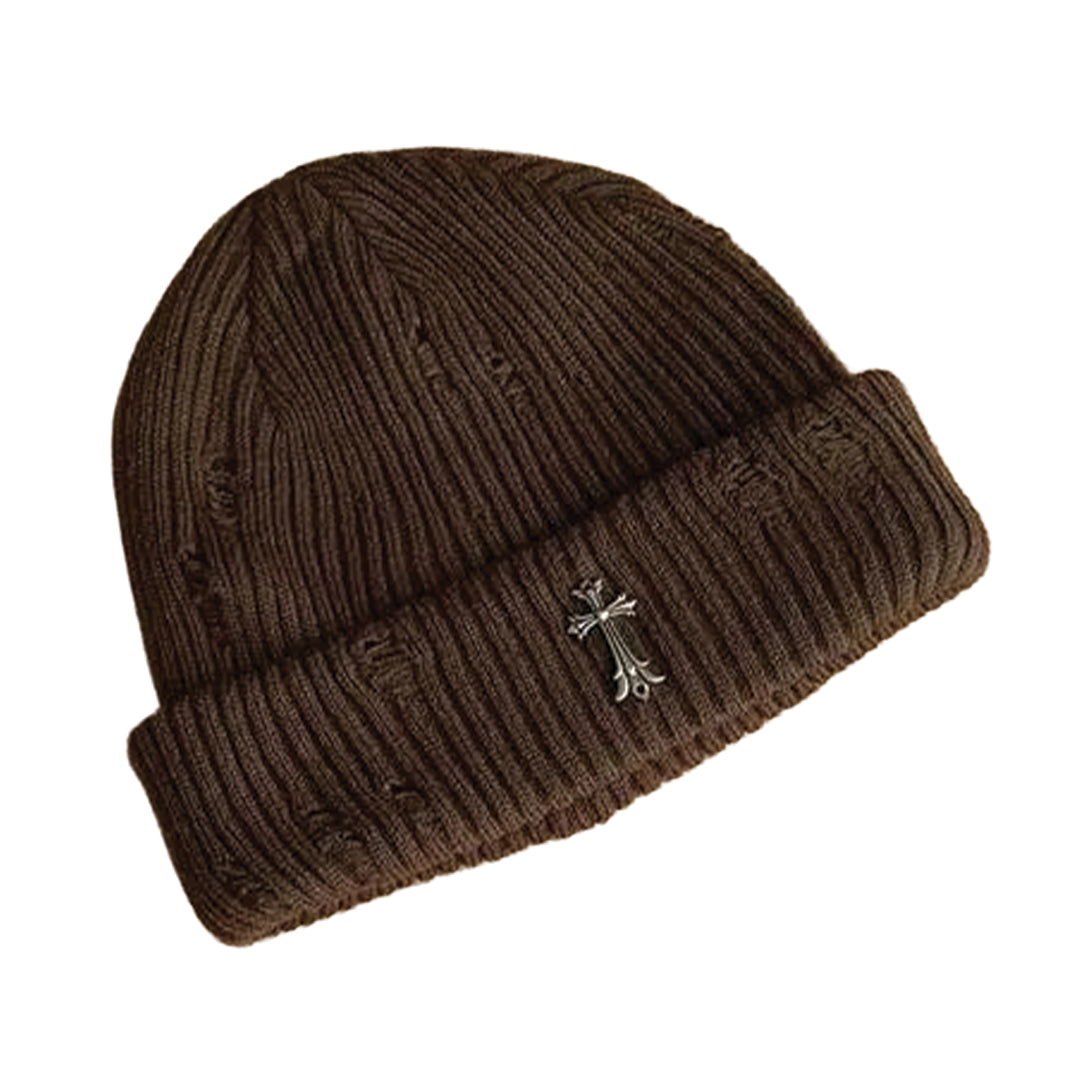 Bonnet Côtelé En Tricot Avec Croix Métal Distress Coton Polyester Pour Temps Froids Style Streetwear Confortable